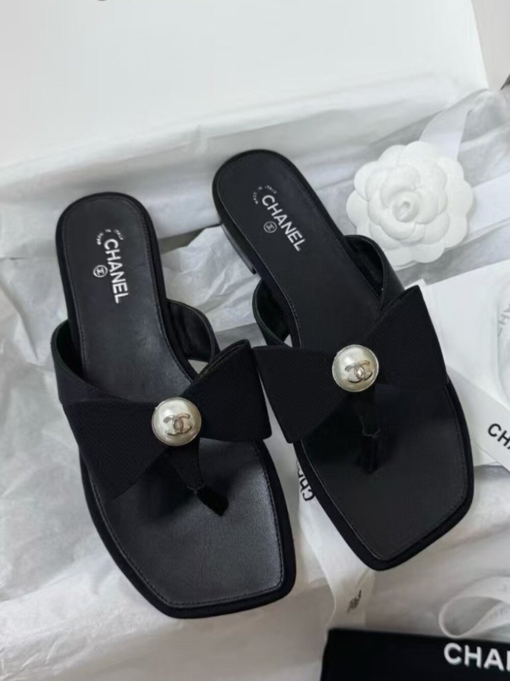 CHANEL Solid Black Ribbon Bow Square Toe Flip Flop Flats
